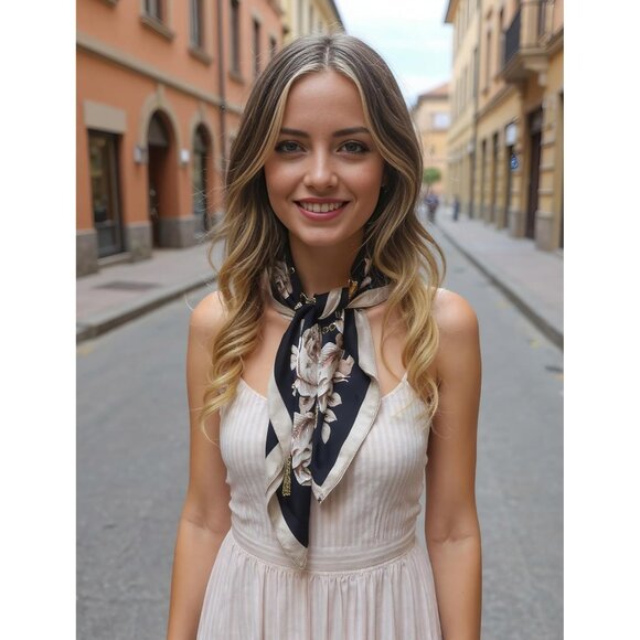 Women Black Flower Headscarf Satin Bandana Pattern Polyester Breathable Scarves - Picture 4 of 7